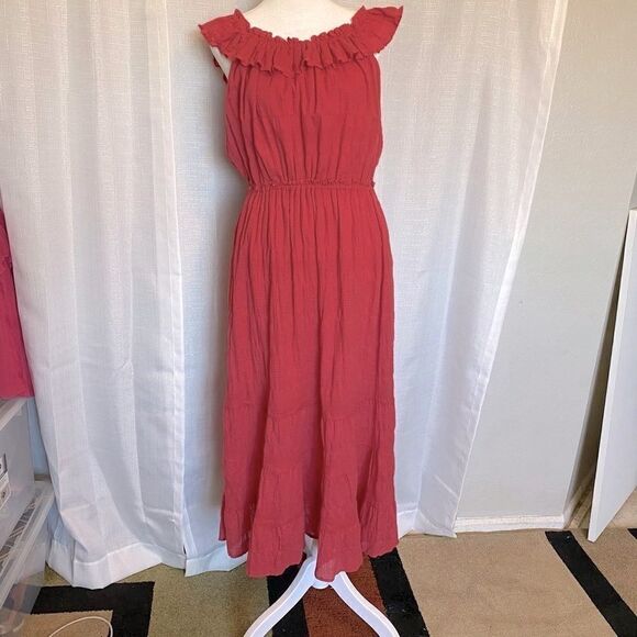NWT New Max Studio Sleeveless ruffle Tier Midi Dress Large Boho Casual red coral - Picture 1 of 8